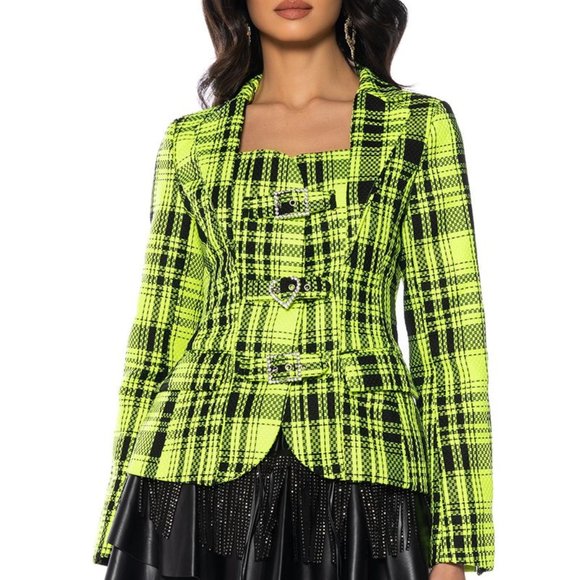 Callie Lives Neon Her Berry AKIRA Plaid About You Open Back Blazer L - Picture 6 of 6